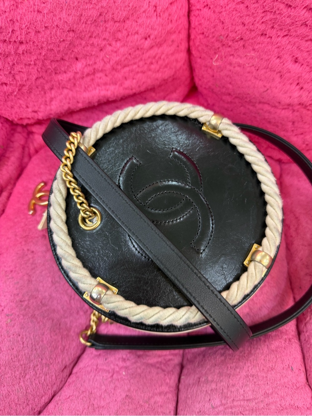 CHANEL Black Round Leather Crossbody with Cream Rope and Gold Hardware